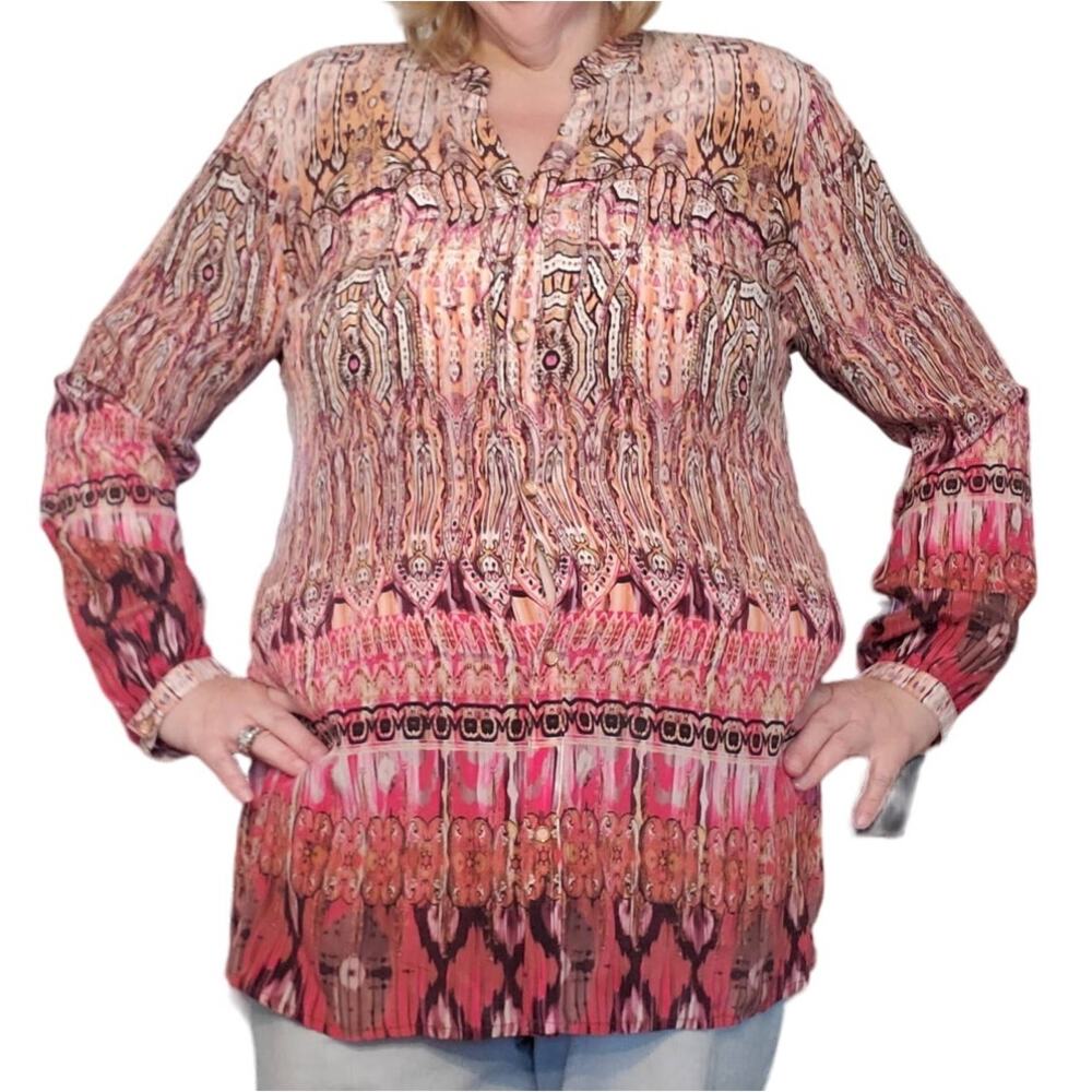 Robert Graham Womens XL 100% Silk Paisley Print Button Up Blouse Pink Maximalist